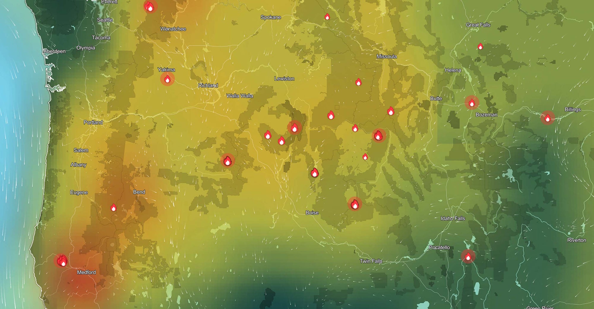 AirVisual Map showing bad air quality across the West Coast