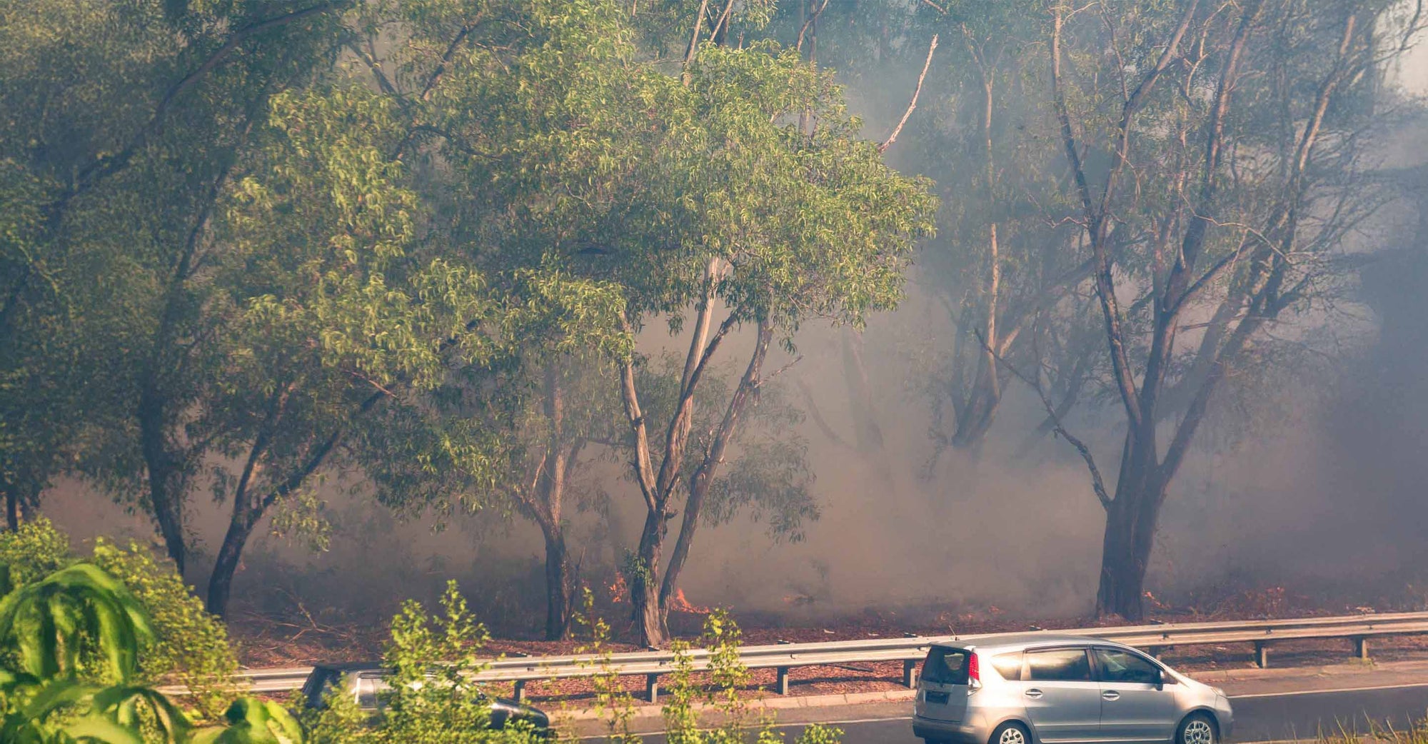 car driving beside wildfire