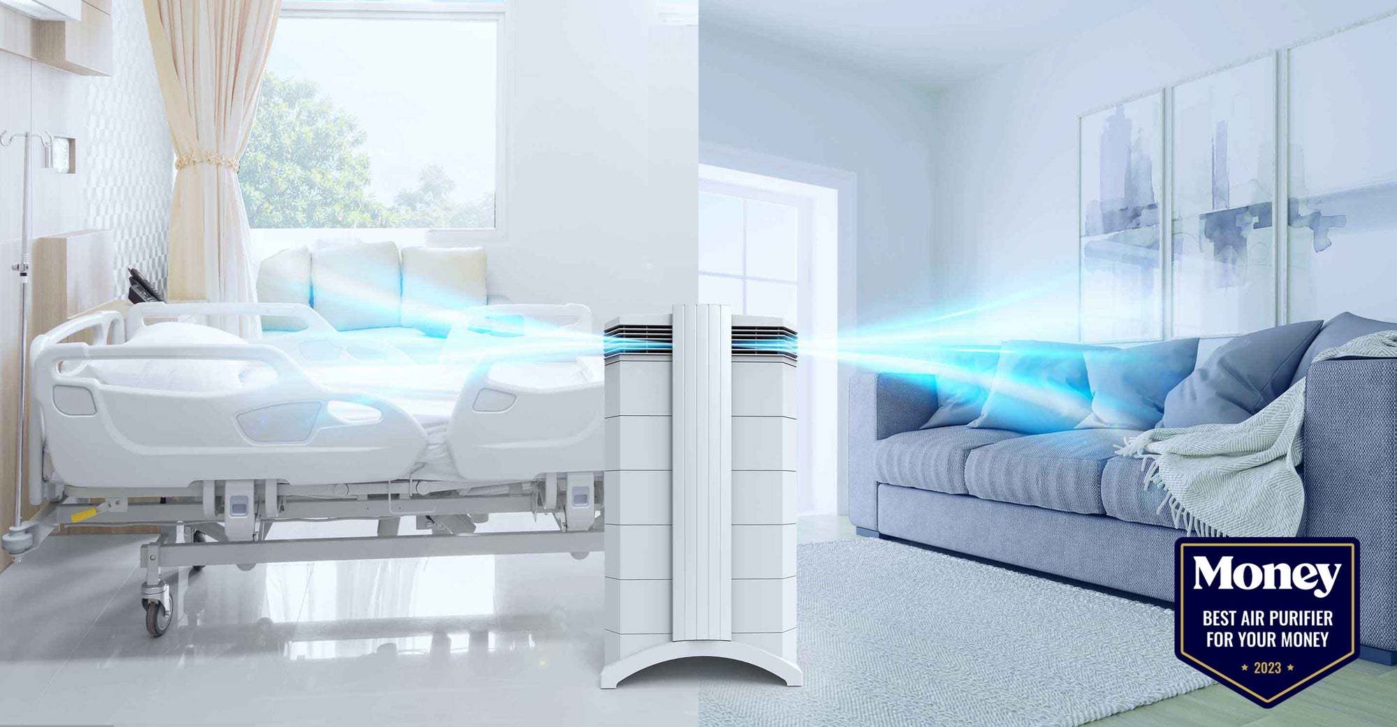 Purificador de aire IQAir HealthPro Plus en acción, en una habitación de hospital y en una sala de estar doméstica, limpiando el aire para mejorar la calidad del aire interior.